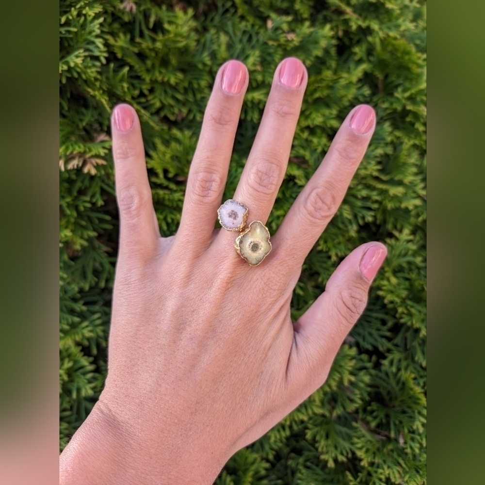 Artisan Handmade In Morocco Adjustable Boho Chic Double Geode Gold Ring Size 10